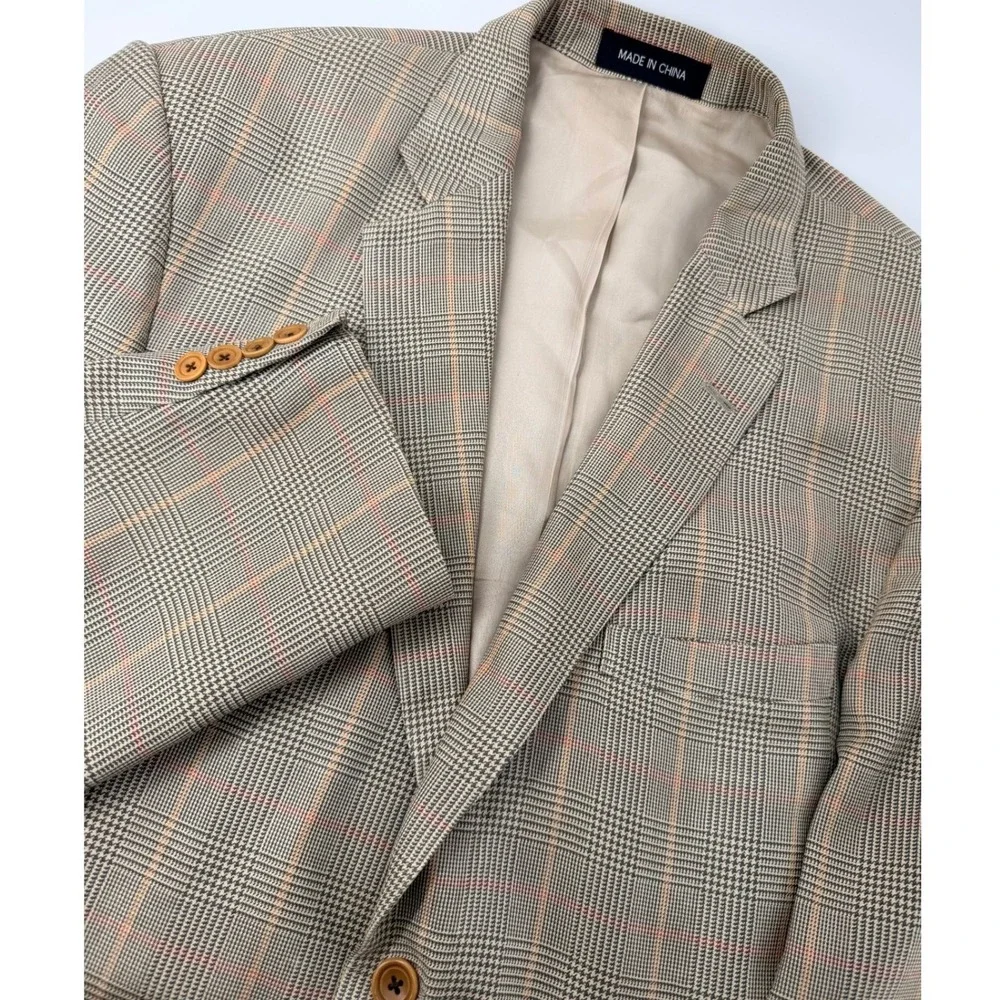 M Julian Mens 100% Silk Blazer 40R Olive Plaid Sport Coat 2 Button Jacket